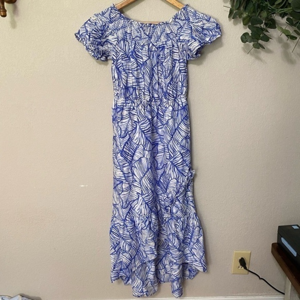 VINEYARD VINES Banana Leaf High Low Maxi Dress rayon and silk off shoulder sz 0